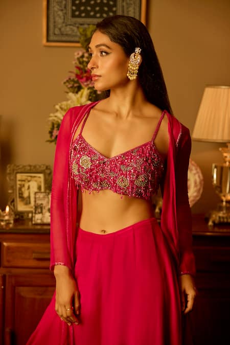 Buy Krishna Padia Pink Organza, Crepe Embroidery Open Neck, Hand Jacket Palazzo Set Online at Aza Fashions Buy_Krishna Padia_Pink Organza, Crepe Embroidery Open Neck, Hand Jacket Palazzo Set _Online_at_Aza_Fashions