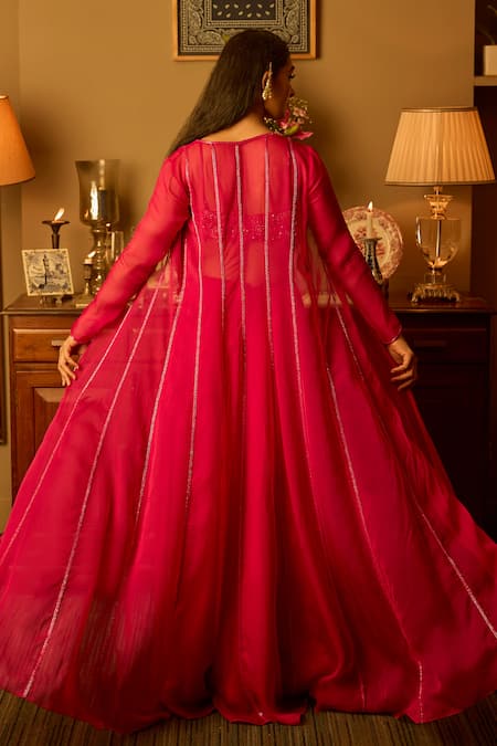 Shop Krishna Padia Pink Organza, Crepe Embroidery Open Neck, Hand Jacket Palazzo Set at Aza Fashions Shop_Krishna Padia_Pink Organza, Crepe Embroidery Open Neck, Hand Jacket Palazzo Set _at_Aza_Fashions