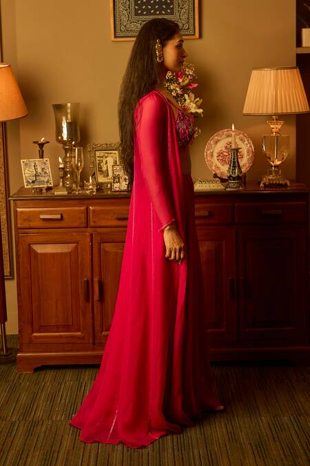 Shop Krishna Padia Pink Organza, Crepe Embroidery Open Neck, Hand Jacket Palazzo Set Online at Aza Fashions Shop_Krishna Padia_Pink Organza, Crepe Embroidery Open Neck, Hand Jacket Palazzo Set _Online_at_Aza_Fashions