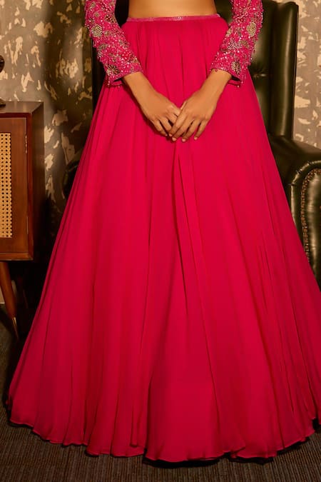 Krishna Padia_Pink Crepe, Organza Beads, Sequins, Embroidery Round Neck Hand Lehenga Set _Online_at_Aza_Fashions