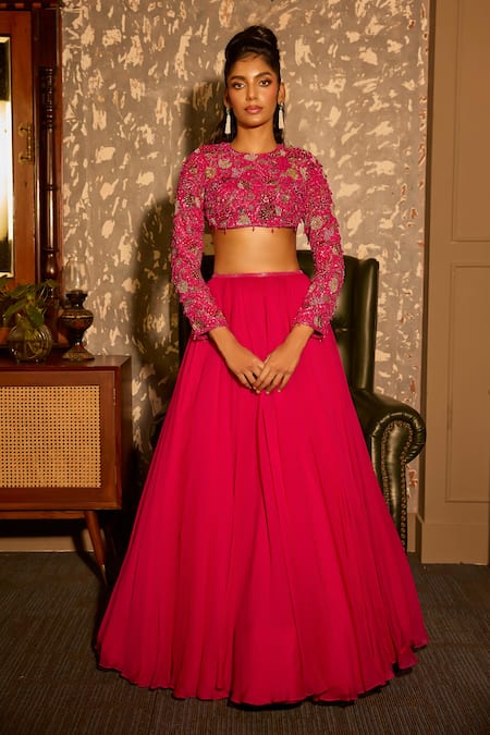 Krishna Padia Pink Crepe, Organza Beads, Sequins, Embroidery Round Neck Hand Lehenga Set 