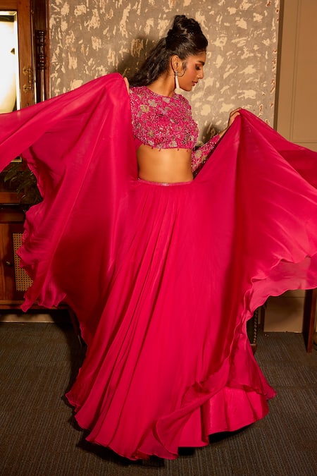 Buy_Krishna Padia_Pink Crepe, Organza Beads, Sequins, Embroidery Round Neck Hand Lehenga Set 