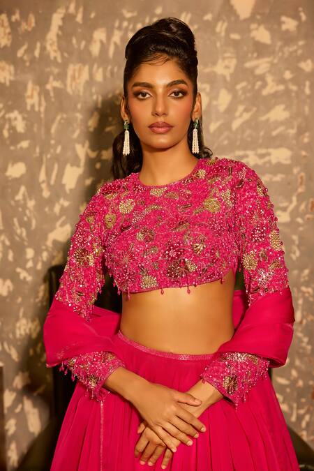 Shop_Krishna Padia_Pink Crepe, Organza Beads, Sequins, Embroidery Round Neck Hand Lehenga Set 