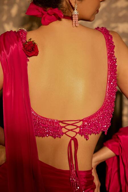 Krishna Padia Pink Crepe Sequins, Embroidery Sweetheart Hand Pre-draped Saree With Blouse Online at Aza Fashions Krishna Padia_Pink Crepe Sequins, Embroidery Sweetheart Hand Pre-draped Saree With Blouse _Online_at_Aza_Fashions