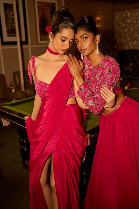 Buy Krishna Padia Pink Crepe Sequins, Embroidery Sweetheart Hand Pre-draped Saree With Blouse Online at Aza Fashions Buy_Krishna Padia_Pink Crepe Sequins, Embroidery Sweetheart Hand Pre-draped Saree With Blouse _Online_at_Aza_Fashions