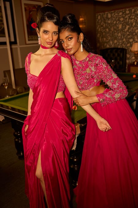 Shop Krishna Padia Pink Crepe Sequins, Embroidery Sweetheart Hand Pre-draped Saree With Blouse Online at Aza Fashions Shop_Krishna Padia_Pink Crepe Sequins, Embroidery Sweetheart Hand Pre-draped Saree With Blouse _Online_at_Aza_Fashions