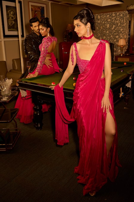 Buy Krishna Padia Pink Crepe Sequins, Embroidery Sweetheart Hand Pre-draped Saree With Blouse Buy_Krishna Padia_Pink Crepe Sequins, Embroidery Sweetheart Hand Pre-draped Saree With Blouse