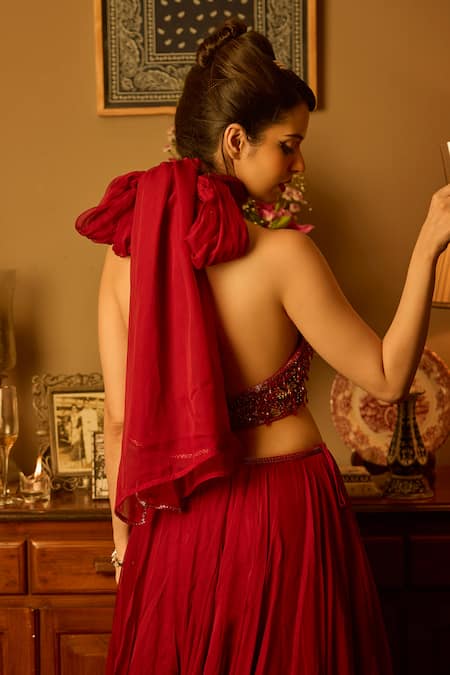 Buy Krishna Padia Maroon Crepe, Organza Embroidery Halter Neck Hand Lehenga Set Online at Aza Fashions Buy_Krishna Padia_Maroon Crepe, Organza Embroidery Halter Neck Hand Lehenga Set _Online_at_Aza_Fashions