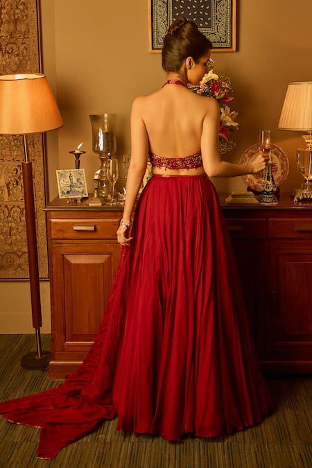 Krishna Padia Maroon Hand Embroidered Lehenga Set 