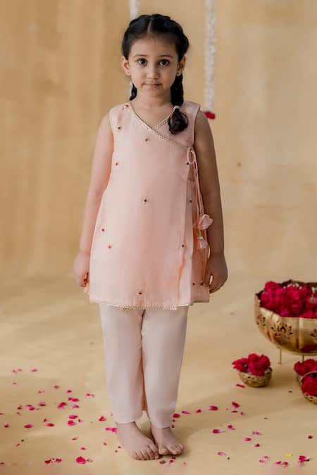 MR Brat Peach Chanderi, Cotton Embroidery Angarkha Kurta And Pant Set
