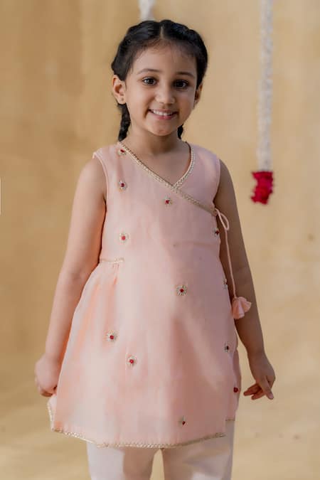 MR Brat_Peach Chanderi, Cotton Embroidery Angarkha Kurta And Pant Set _Online_at_Aza_Fashions