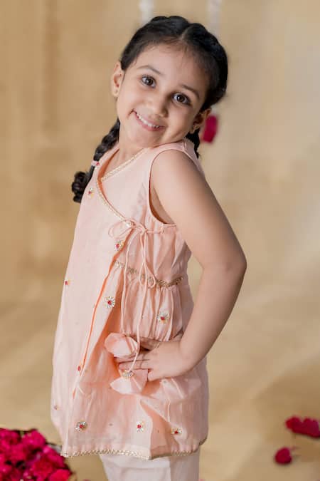 Buy_MR Brat_Peach Chanderi, Cotton Embroidery Angarkha Kurta And Pant Set _Online_at_Aza_Fashions