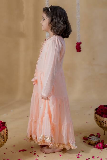 MR Brat_Pink Cotton Embroidery Meher Tiered Mulmul Kurta Set _Online_at_Aza_Fashions