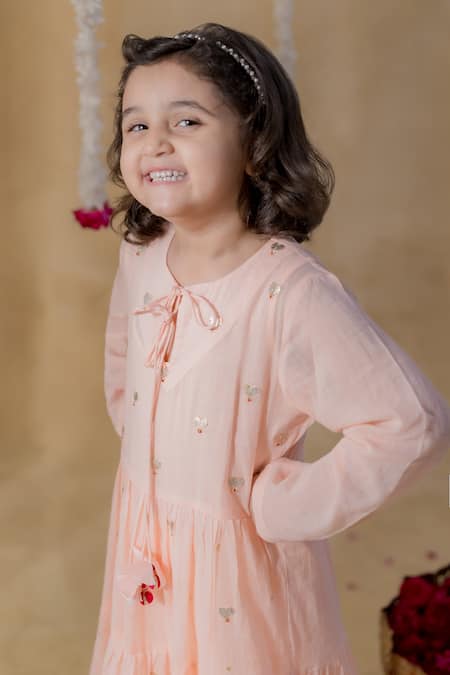 Buy_MR Brat_Pink Cotton Embroidery Meher Tiered Mulmul Kurta Set _Online_at_Aza_Fashions