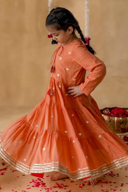 Buy_MR Brat_Orange Cotton Tiered Malmal Kurta Set _Online_at_Aza_Fashions