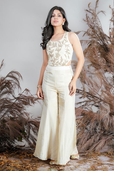 Shop_Rirasa_Ivory Tissue Beads, Embroidery Scoop Neck Kamini Top And Sharara Pant Set _Online_at_Aza_Fashions