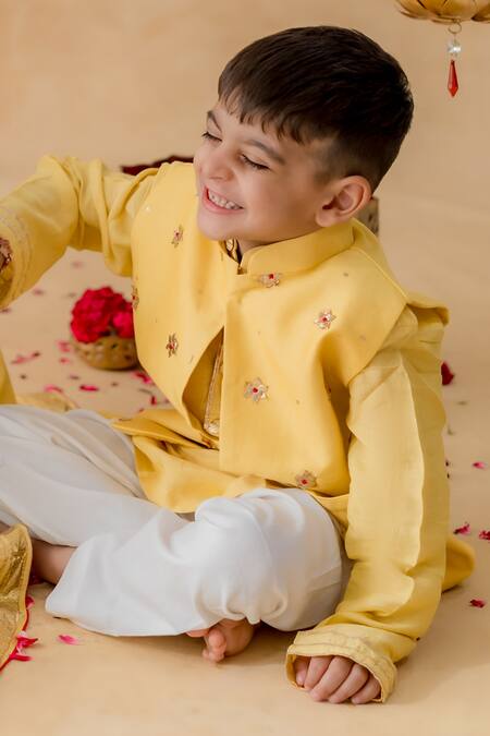 MR Brat_Yellow Muslin, Chanderi, Cotton Embroidery Starburst Nehru Jacket Set _Online_at_Aza_Fashions
