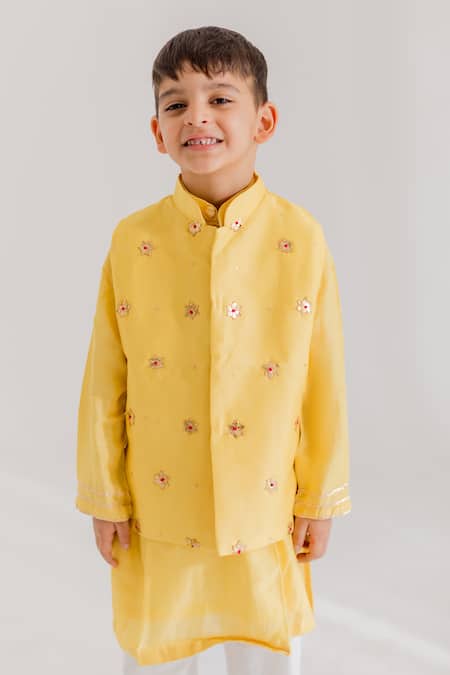 Buy_MR Brat_Yellow Muslin, Chanderi, Cotton Embroidery Starburst Nehru Jacket Set _Online_at_Aza_Fashions