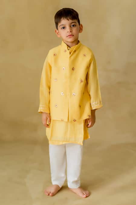 MR Brat Yellow Muslin, Chanderi, Cotton Embroidery Starburst Nehru Jacket Set 