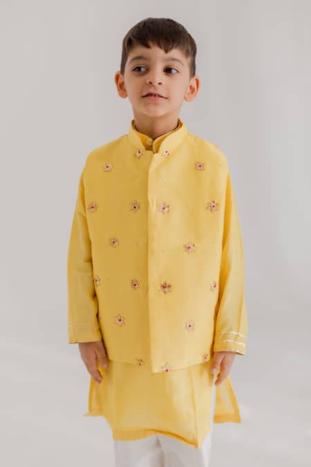 Shop_MR Brat_Yellow Muslin, Chanderi, Cotton Embroidery Starburst Nehru Jacket Set _Online_at_Aza_Fashions