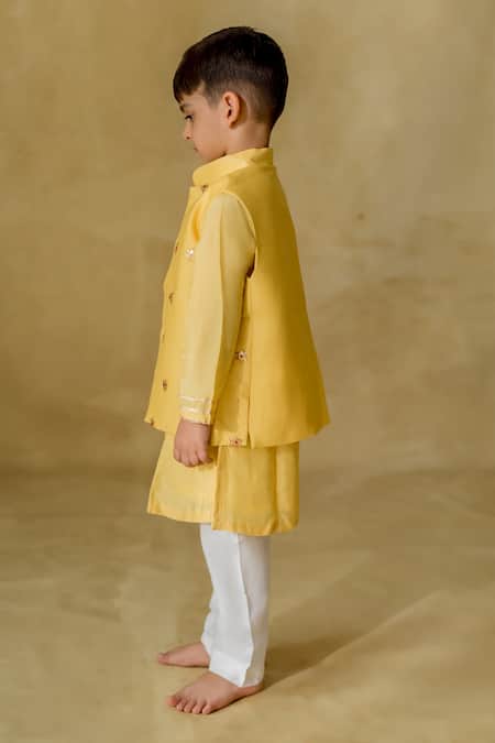 MR Brat_Yellow Muslin, Chanderi, Cotton Embroidery Starburst Nehru Jacket Set _at_Aza_Fashions