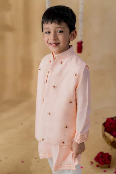 MR Brat_Peach Chanderi, Muslin, Cotton Embroidery Chakri Nehru Jacket Set _Online_at_Aza_Fashions