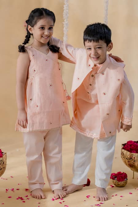 Buy_MR Brat_Peach Chanderi, Muslin, Cotton Embroidery Chakri Nehru Jacket Set _Online_at_Aza_Fashions