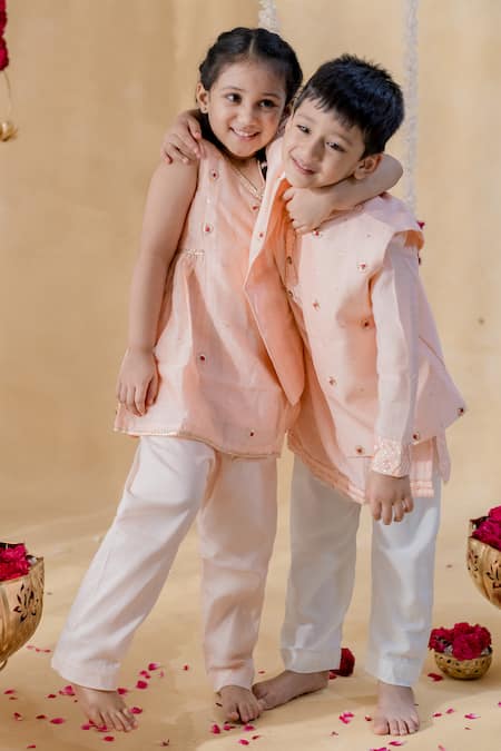 Shop_MR Brat_Peach Chanderi, Muslin, Cotton Embroidery Chakri Nehru Jacket Set _Online_at_Aza_Fashions