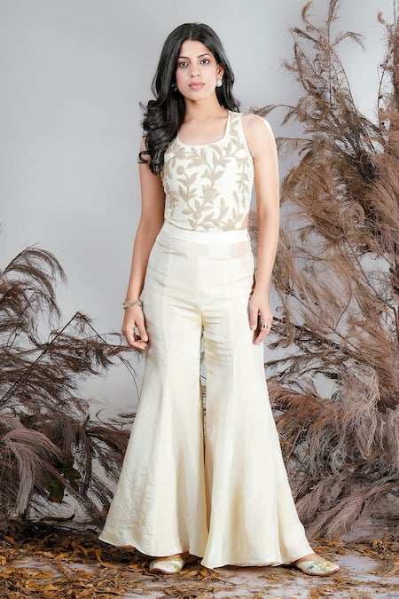 Rirasa Ivory Tissue Beads, Embroidery Scoop Neck Kamini Top And Sharara Pant Set 