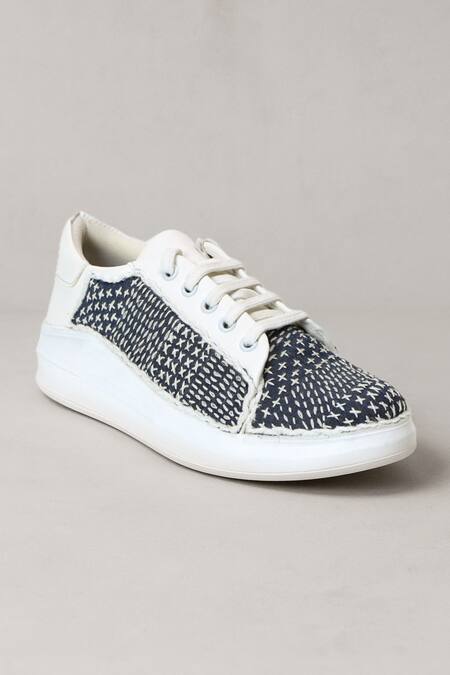 The Saree Sneakers_Blue Denim Katha Sneakers _at_Aza_Fashions
