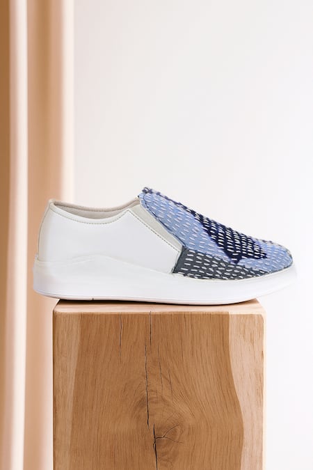 Shop_The Saree Sneakers_Blue Kantha Patchwork Slip-on Sneakers _Online_at_Aza_Fashions