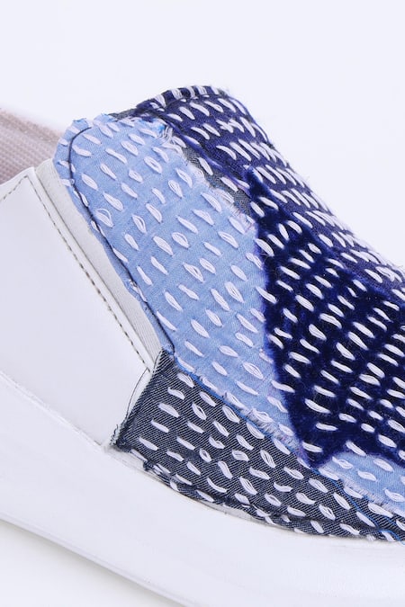 The Saree Sneakers_Blue Kantha Patchwork Slip-on Sneakers _at_Aza_Fashions