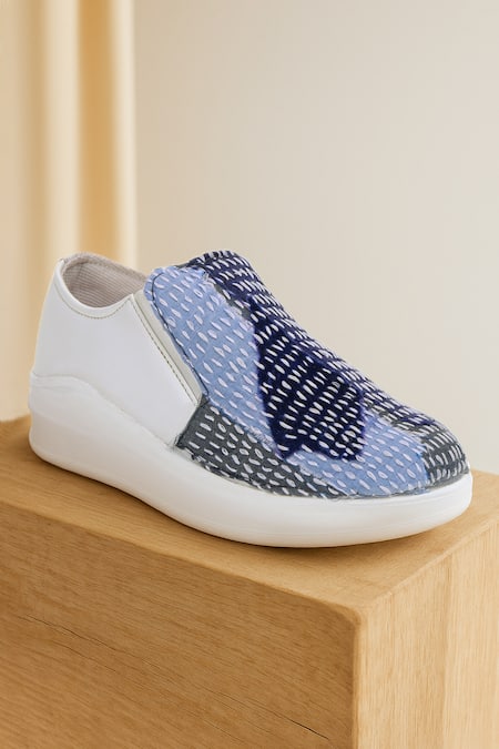 The Saree Sneakers Blue Kantha Patchwork Slip-on Sneakers 
