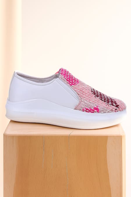 The Saree Sneakers_Pink Kantha Patchwork Slip-on Sneakers _at_Aza_Fashions