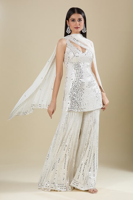 Seema Gujral_Ivory Sequins V-neck Embellished Sharara Set _Online_at_Aza_Fashions