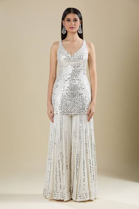 Shop_Seema Gujral_Ivory Sequins V-neck Embellished Sharara Set _Online_at_Aza_Fashions