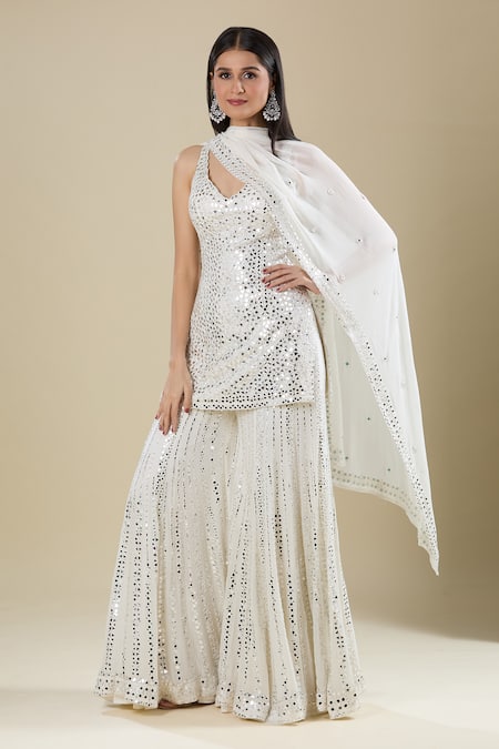 Seema Gujral Ivory Sequins V-neck Embellished Sharara Set 