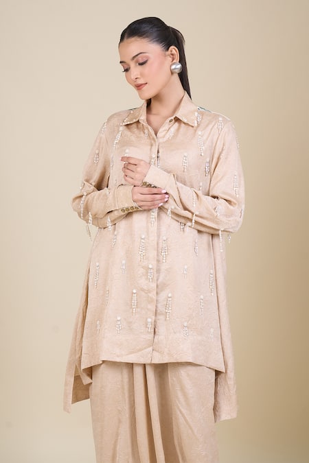 Aseem Kapoor_Beige Tissue Embroidery Collared Tunic And Draped Pant _Online_at_Aza_Fashions