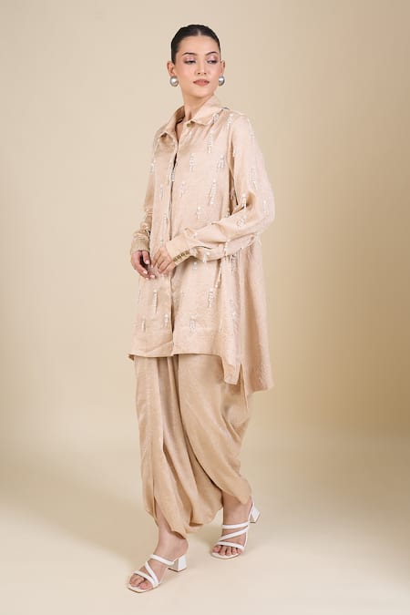 Buy_Aseem Kapoor_Beige Tissue Embroidery Collared Tunic And Draped Pant _Online_at_Aza_Fashions