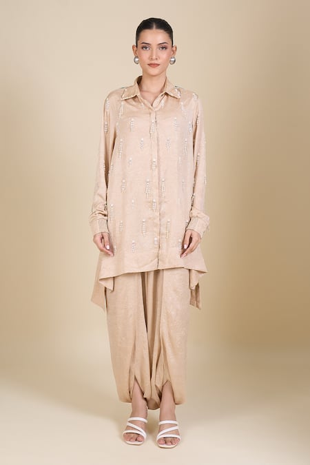 Shop_Aseem Kapoor_Beige Tissue Embroidery Collared Tunic And Draped Pant _Online_at_Aza_Fashions