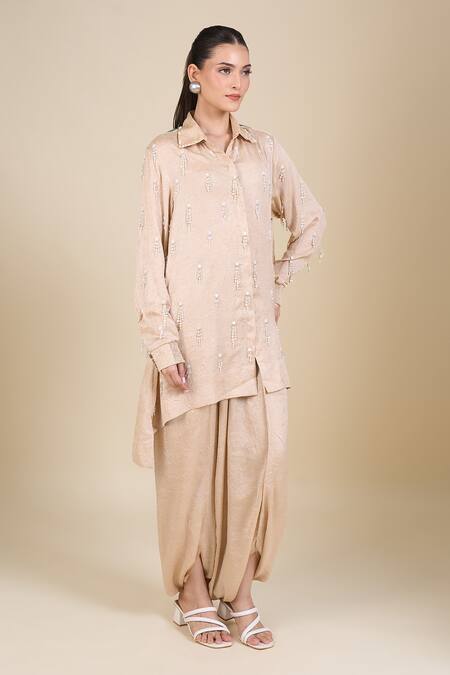 Aseem Kapoor_Beige Tissue Embroidery Collared Tunic And Draped Pant _at_Aza_Fashions