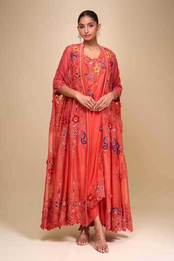 Anamika Khanna_Coral Chiffon Embroidery Round Neck Draped Skirt And Jacket Set _Online_at_Aza_Fashions