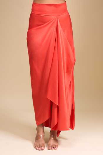 Buy_Anamika Khanna_Coral Chiffon Embroidery Round Neck Draped Skirt And Jacket Set _Online_at_Aza_Fashions