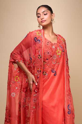 Shop_Anamika Khanna_Coral Chiffon Embroidery Round Neck Draped Skirt And Jacket Set _Online_at_Aza_Fashions