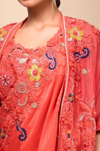 Anamika Khanna_Coral Chiffon Embroidery Round Neck Draped Skirt And Jacket Set _at_Aza_Fashions
