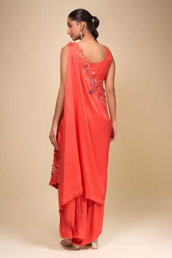 Buy_Anamika Khanna_Coral Chiffon Embroidery Round Neck Draped Skirt And Jacket Set 