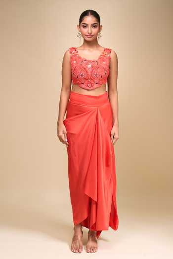 Shop_Anamika Khanna_Coral Chiffon Embroidery Round Neck Draped Skirt And Jacket Set 