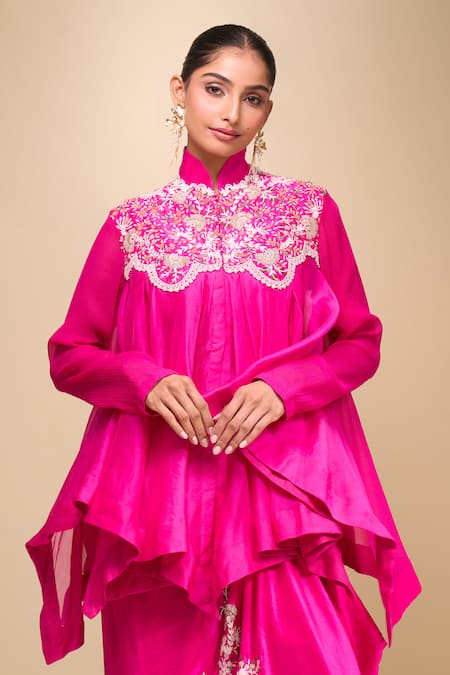 Anamika Khanna_Fuchsia Silk Embroidery, Zari Collared Floral Zardozi Draped Skirt Set _Online_at_Aza_Fashions