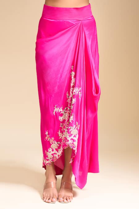 Shop_Anamika Khanna_Fuchsia Silk Embroidery, Zari Collared Floral Zardozi Draped Skirt Set _Online_at_Aza_Fashions