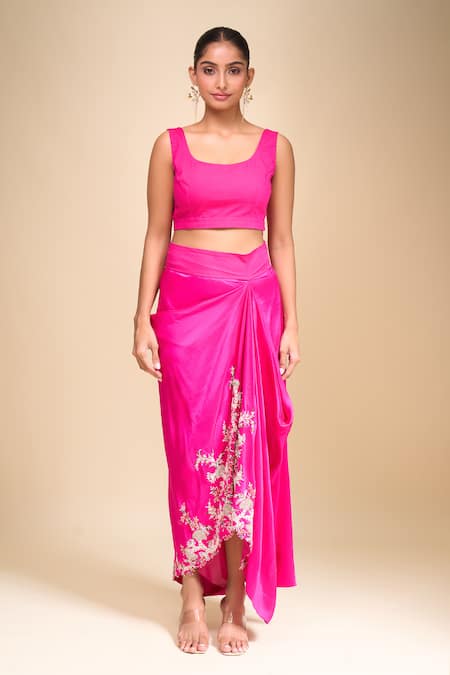 Anamika Khanna_Fuchsia Silk Embroidery, Zari Collared Floral Zardozi Draped Skirt Set _at_Aza_Fashions